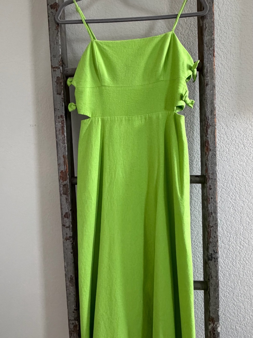 Wayf Neon Lime Spaghetti Strap Maxi Dress with Side Knot Details